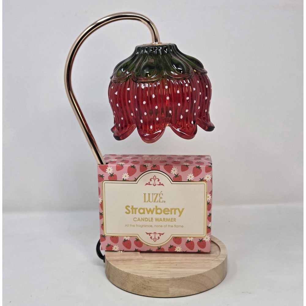 Luze Strawberry Glass Candle Warmer Lamp Dimmable Gold Arm Wood Base New in Box
